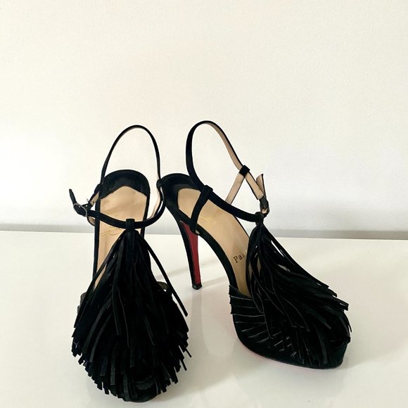 Vintage Christian Louboutin black suede platform fringe high heels - Picture 9 of 9
